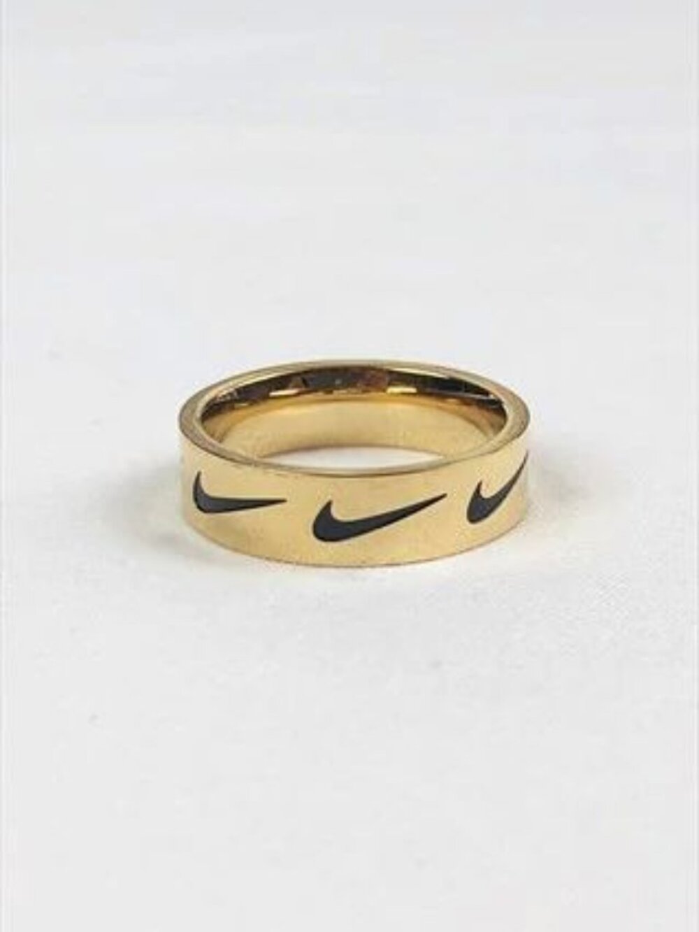 Gold Nike Ring - Black Swoosh Pattern - Stainless Steel - Size 8 - Unisex